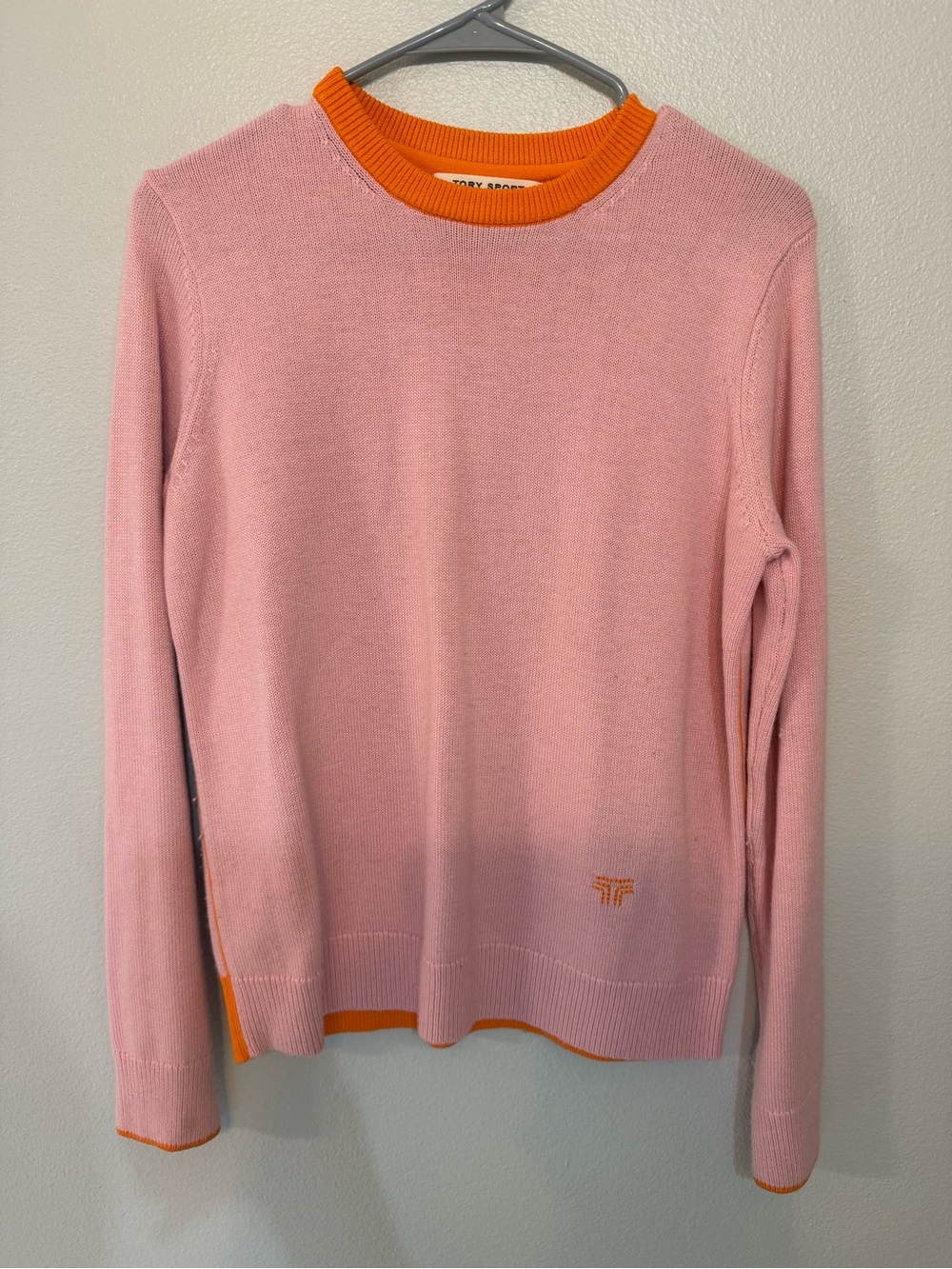 Tory Sport Pink Crewneck Sweater with Orange Trim